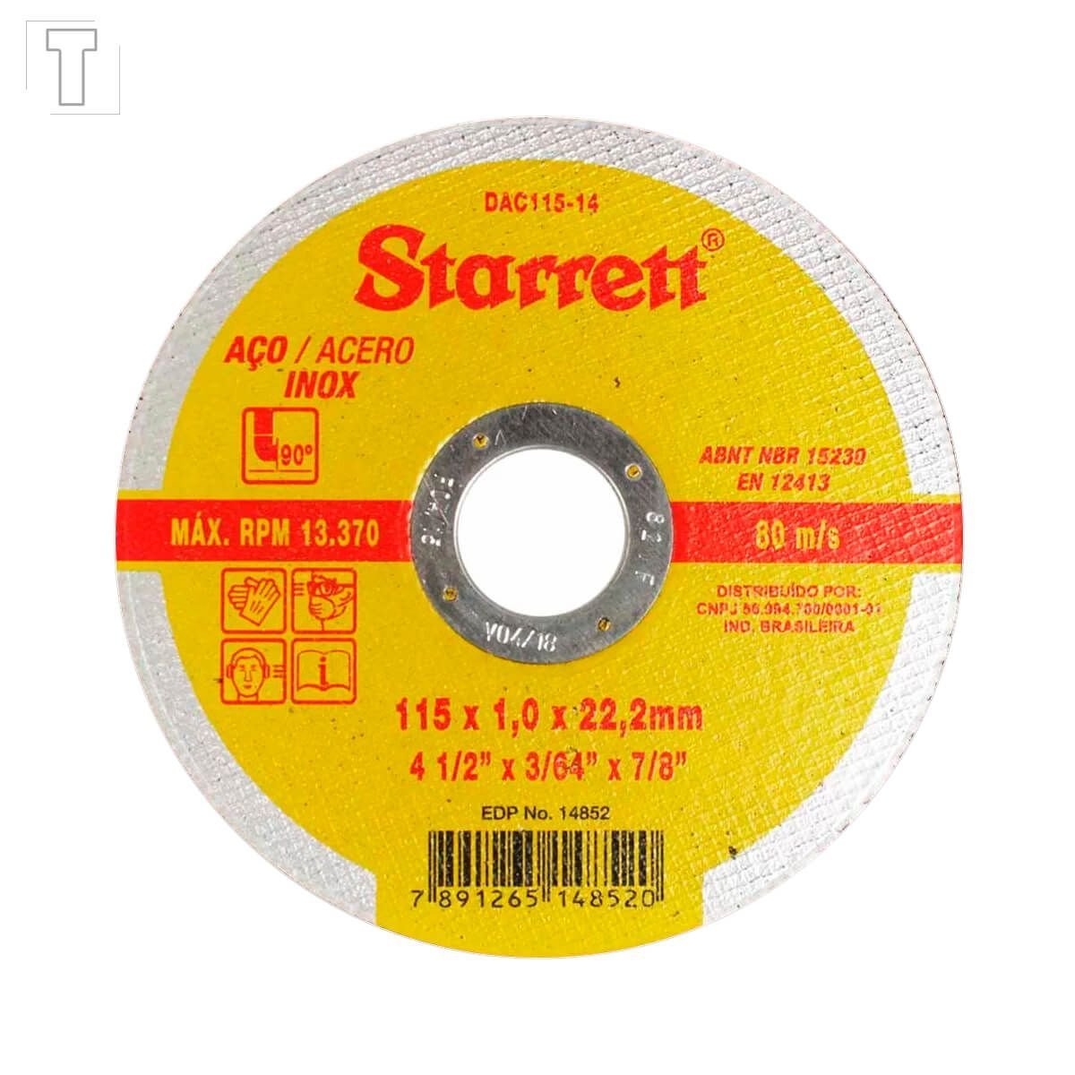 DISCO CORTE INOX 4.1/2" X 1,0 X 7/8" STARRET