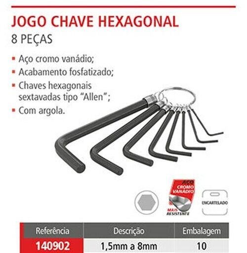 JG CHAVE HEXAGONAL 1;5 A 8MM 8 PECAS - WORKER