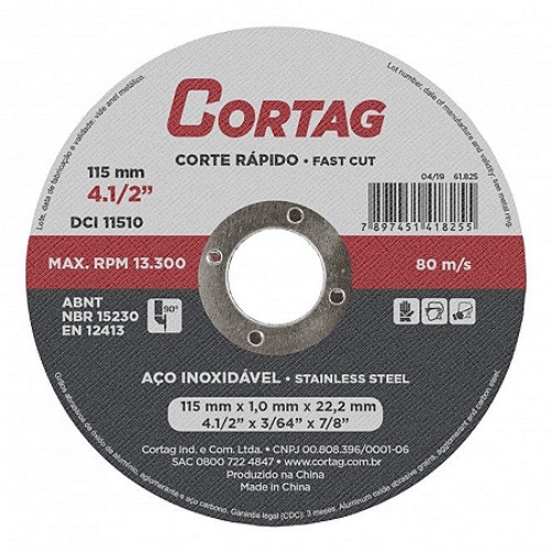 DISCO CORTE INOX 4.1/2" X 1,0 X 7/8" AÇO CORTAG